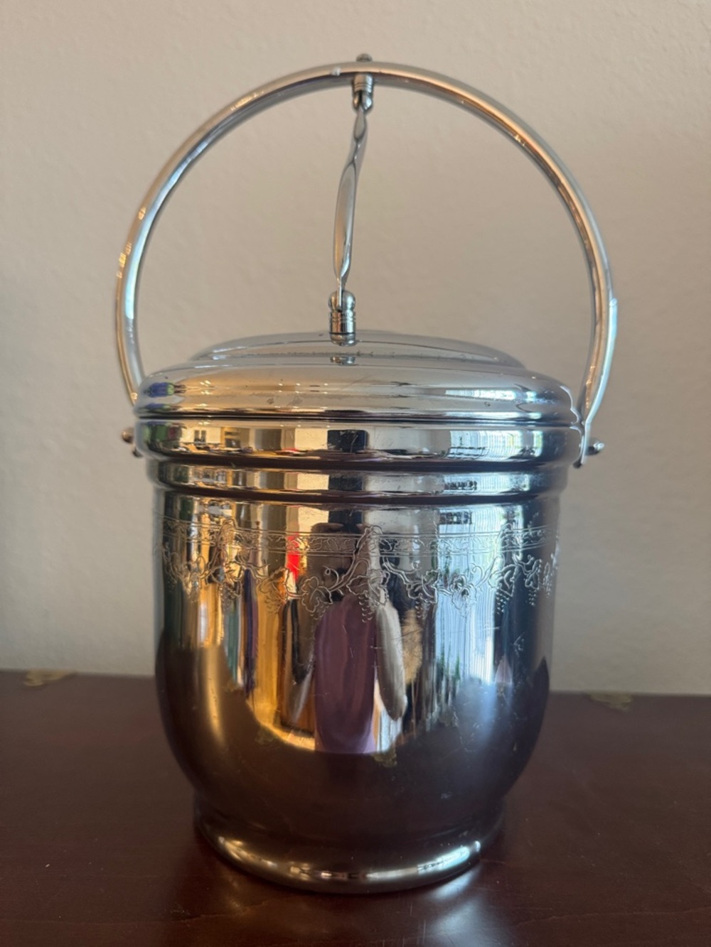 Vintage Solid Brass Chromium Plated Lidded Ice Bucket with Handle & Glass Liner